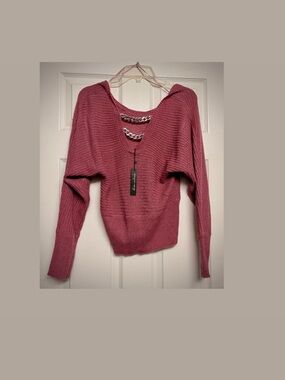 Chain-Trim Ribbed V-Neck Sweater - Dusty Rose